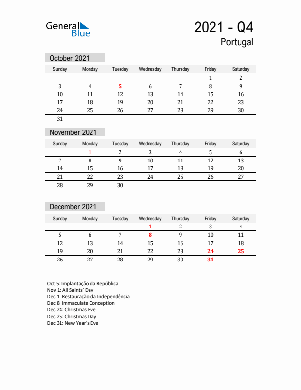 Portugal Quarter 4 2021 Calendar with Holidays