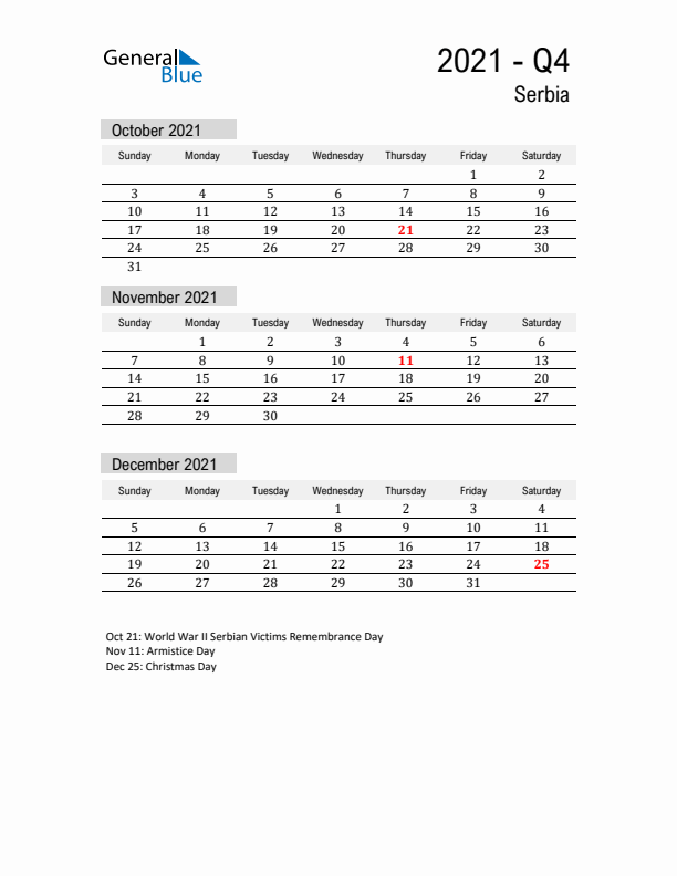 Serbia Quarter 4 2021 Calendar with Holidays