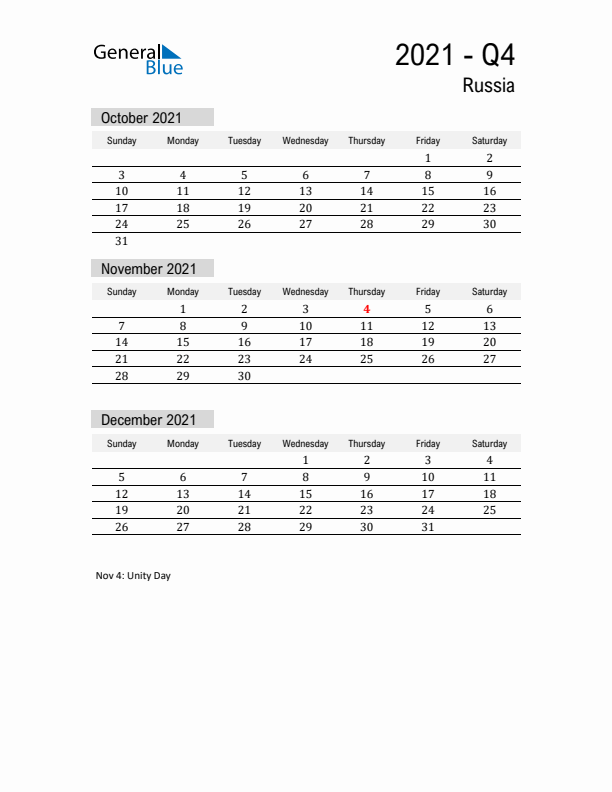 Russia Quarter 4 2021 Calendar with Holidays