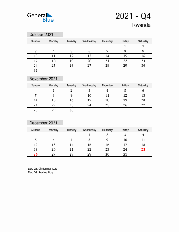 Rwanda Quarter 4 2021 Calendar with Holidays