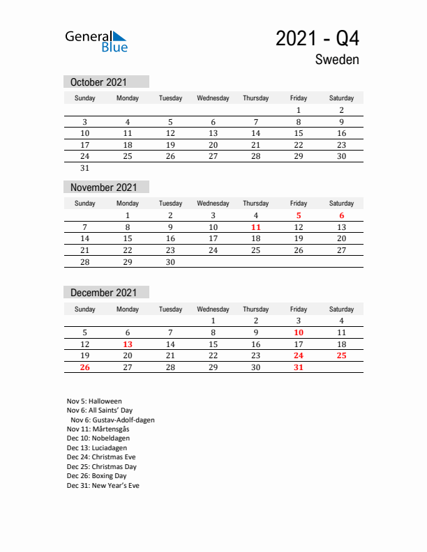 Sweden Quarter 4 2021 Calendar with Holidays