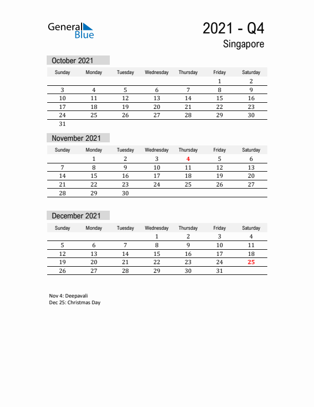 Singapore Quarter 4 2021 Calendar with Holidays