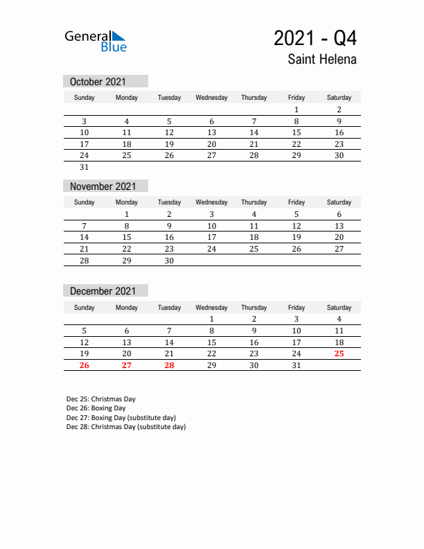 Saint Helena Quarter 4 2021 Calendar with Holidays