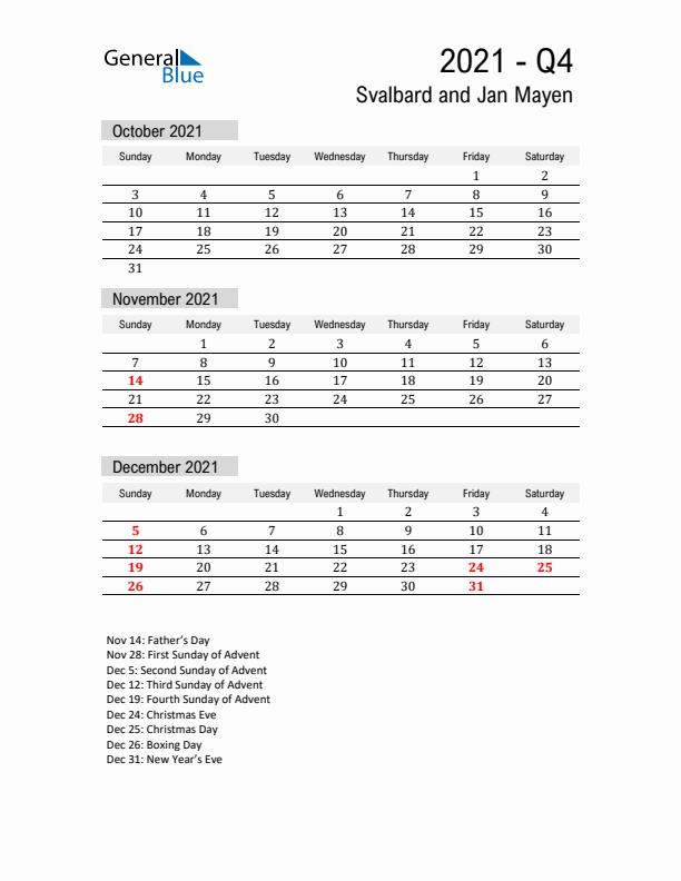 Svalbard and Jan Mayen Quarter 4 2021 Calendar with Holidays