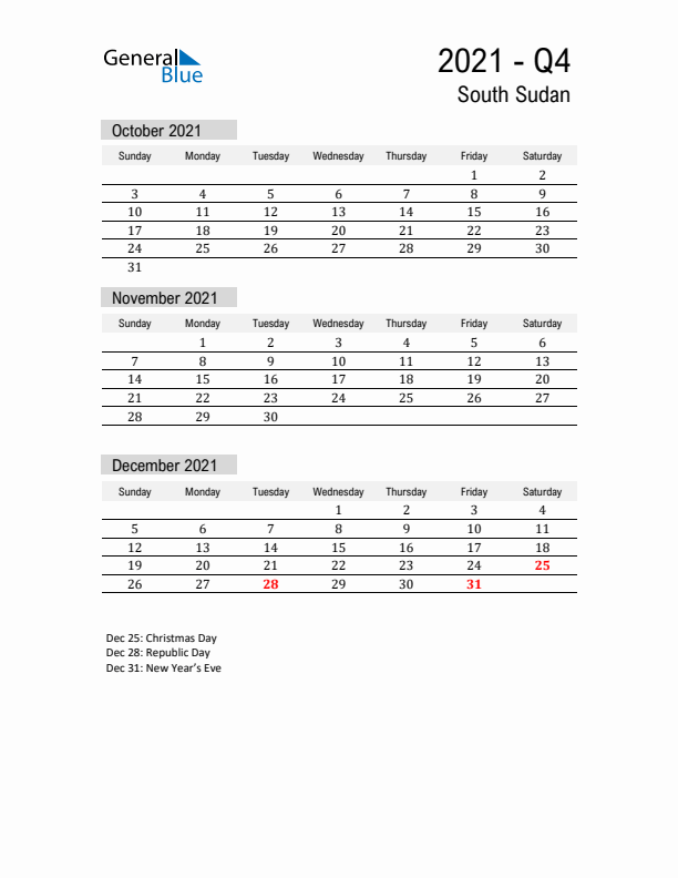 South Sudan Quarter 4 2021 Calendar with Holidays