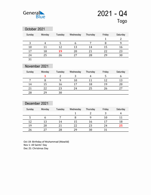Togo Quarter 4 2021 Calendar with Holidays