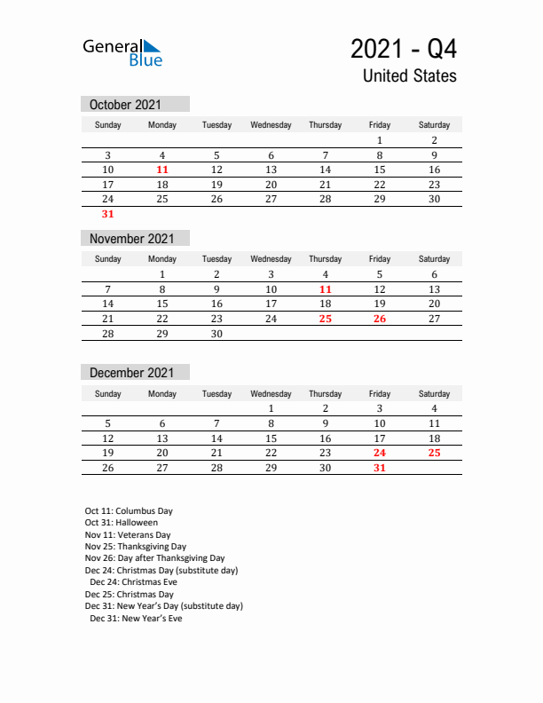 United States Quarter 4 2021 Calendar with Holidays