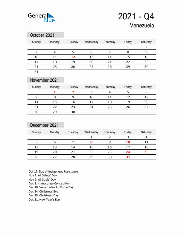 Venezuela Quarter 4 2021 Calendar with Holidays