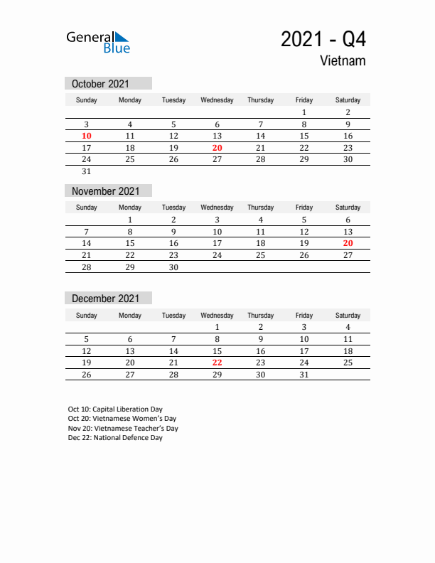 Vietnam Quarter 4 2021 Calendar with Holidays