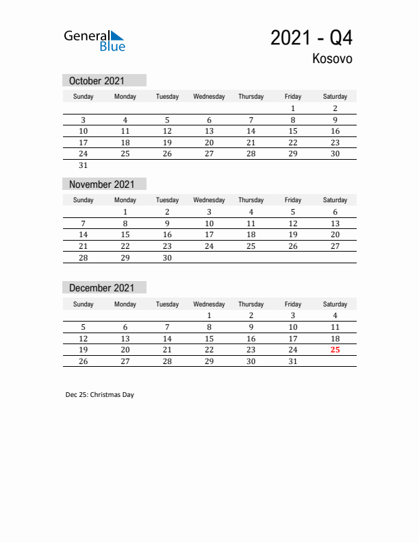 Kosovo Quarter 4 2021 Calendar with Holidays