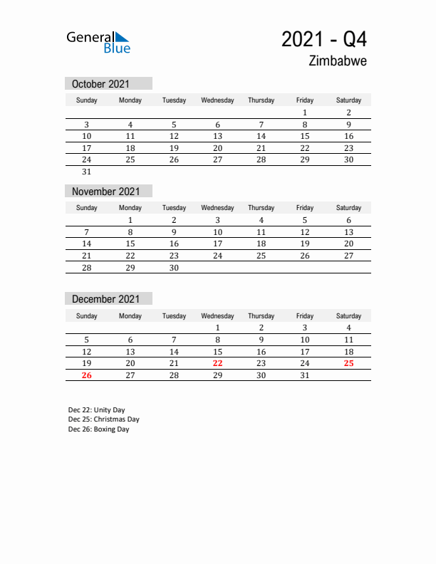 Zimbabwe Quarter 4 2021 Calendar with Holidays