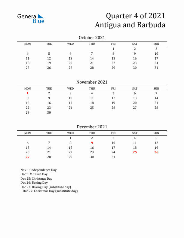 Quarter 4 2021 Antigua and Barbuda Quarterly Calendar