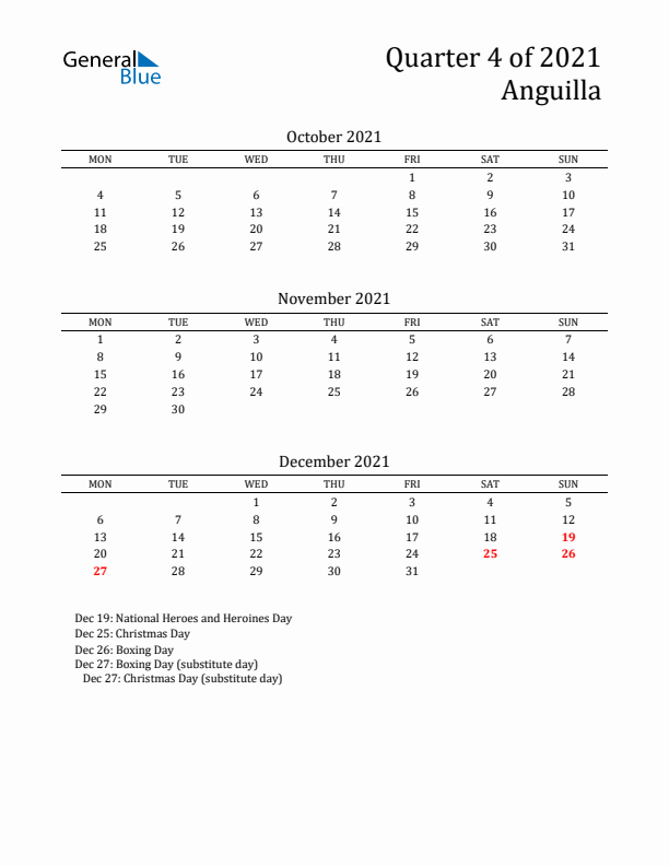 Quarter 4 2021 Anguilla Quarterly Calendar