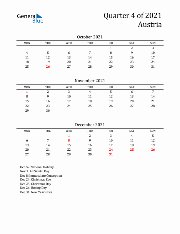 Quarter 4 2021 Austria Quarterly Calendar