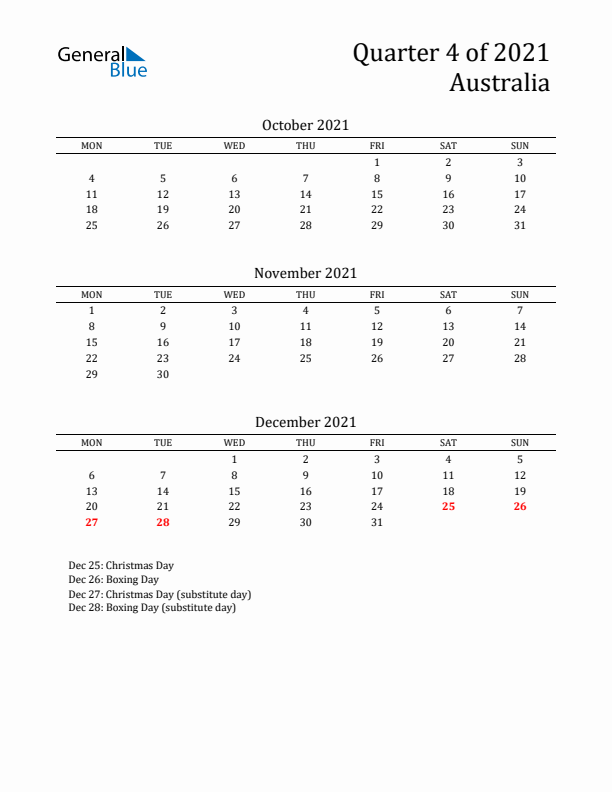 Quarter 4 2021 Australia Quarterly Calendar