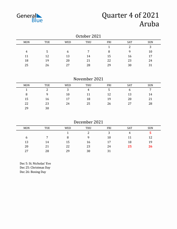 Quarter 4 2021 Aruba Quarterly Calendar