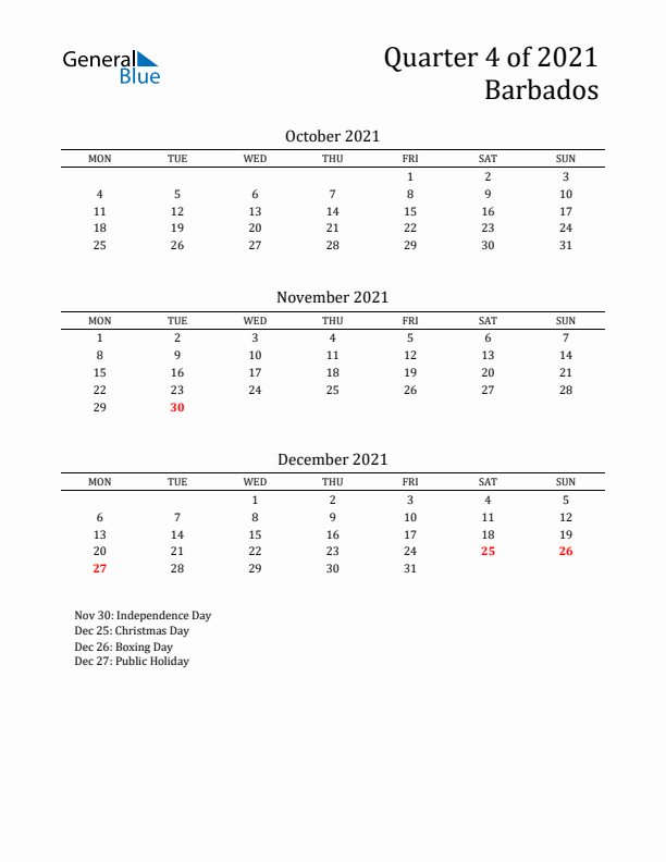 Quarter 4 2021 Barbados Quarterly Calendar