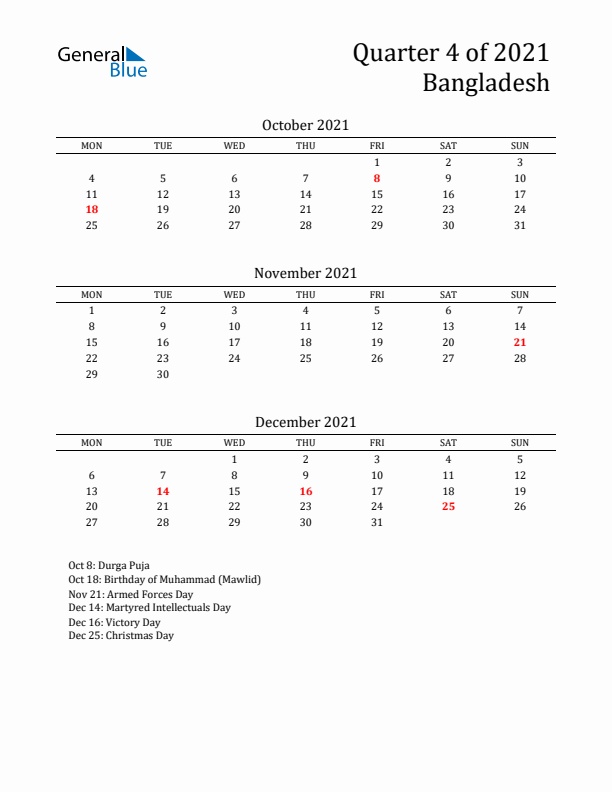 Quarter 4 2021 Bangladesh Quarterly Calendar