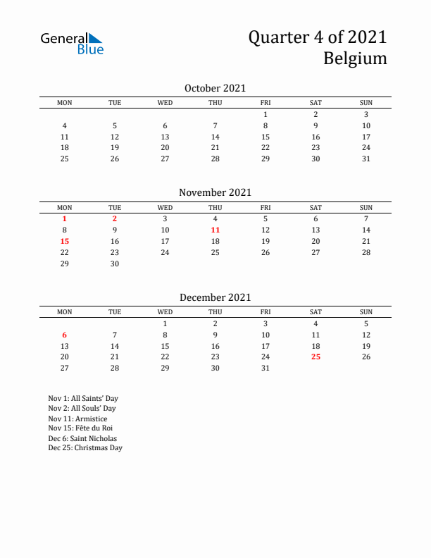 Quarter 4 2021 Belgium Quarterly Calendar