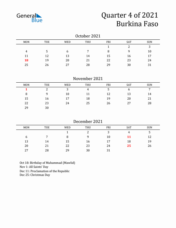 Quarter 4 2021 Burkina Faso Quarterly Calendar