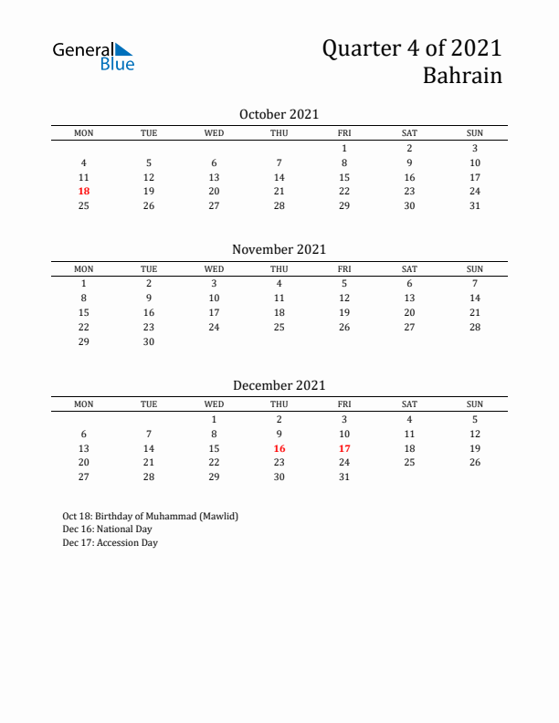 Quarter 4 2021 Bahrain Quarterly Calendar