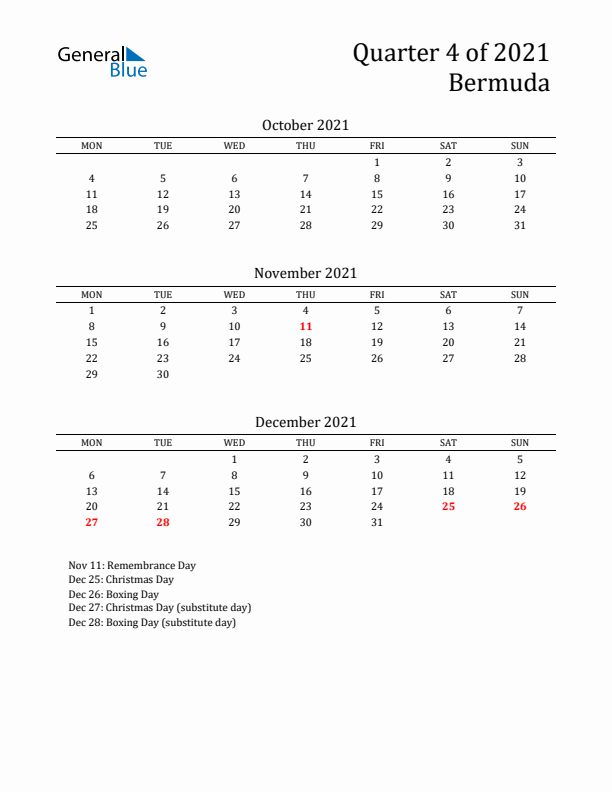 Quarter 4 2021 Bermuda Quarterly Calendar