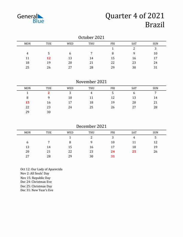 Quarter 4 2021 Brazil Quarterly Calendar