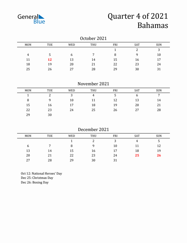 Quarter 4 2021 Bahamas Quarterly Calendar