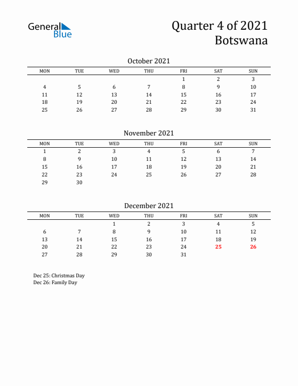 Quarter 4 2021 Botswana Quarterly Calendar