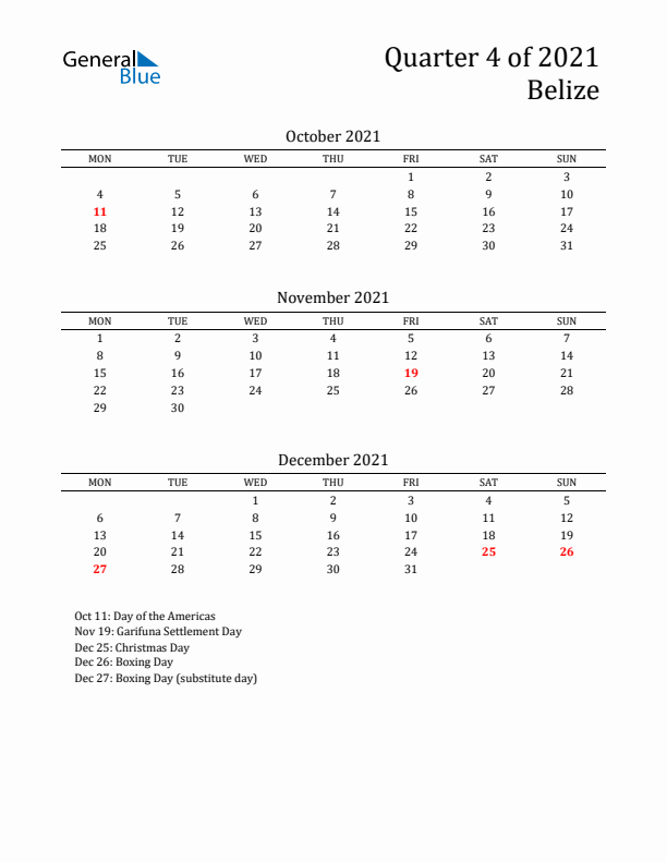 Quarter 4 2021 Belize Quarterly Calendar