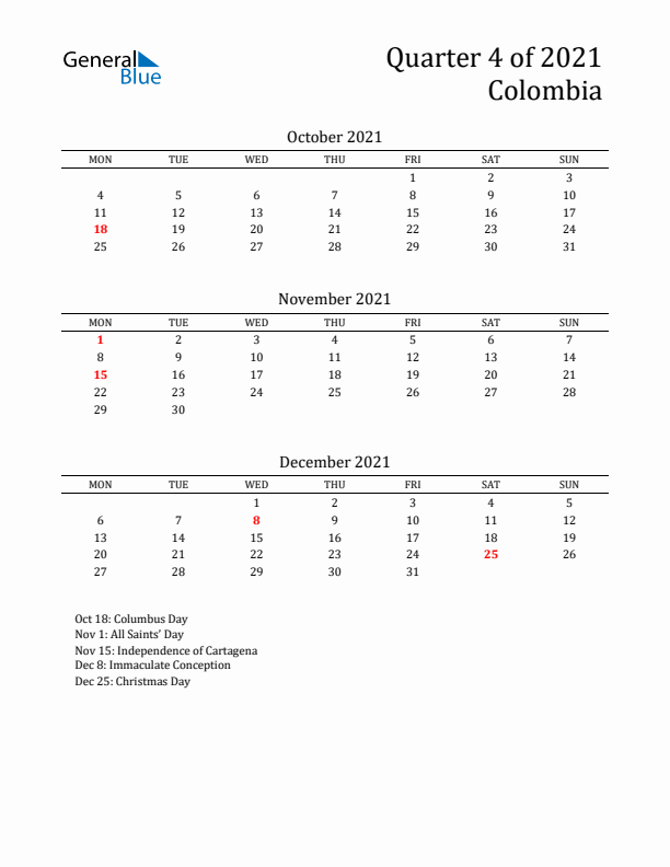 Quarter 4 2021 Colombia Quarterly Calendar