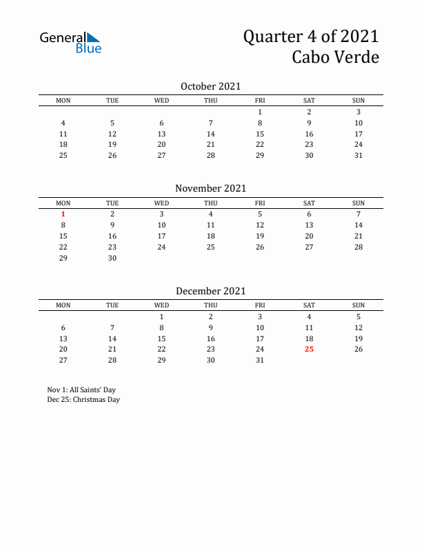 Quarter 4 2021 Cabo Verde Quarterly Calendar