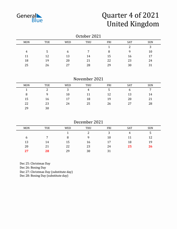 Quarter 4 2021 United Kingdom Quarterly Calendar