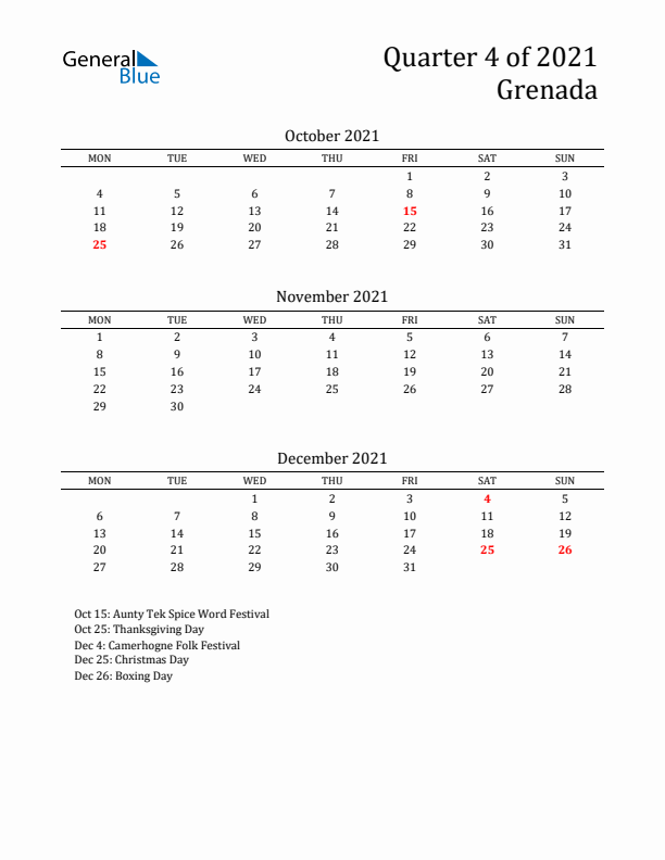 Quarter 4 2021 Grenada Quarterly Calendar