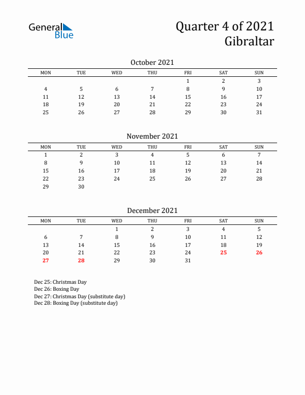 Quarter 4 2021 Gibraltar Quarterly Calendar