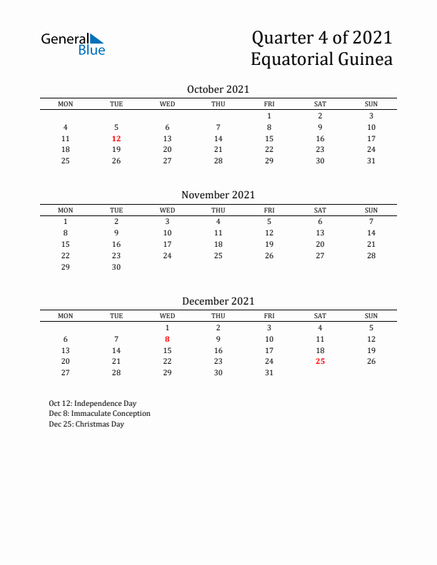 Quarter 4 2021 Equatorial Guinea Quarterly Calendar