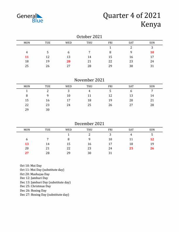 Quarter 4 2021 Kenya Quarterly Calendar