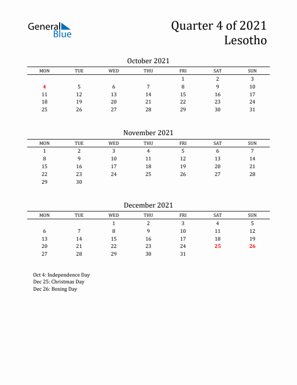 Quarter 4 2021 Lesotho Quarterly Calendar