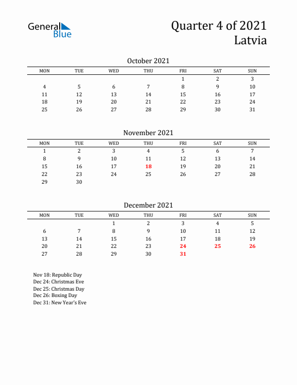 Quarter 4 2021 Latvia Quarterly Calendar