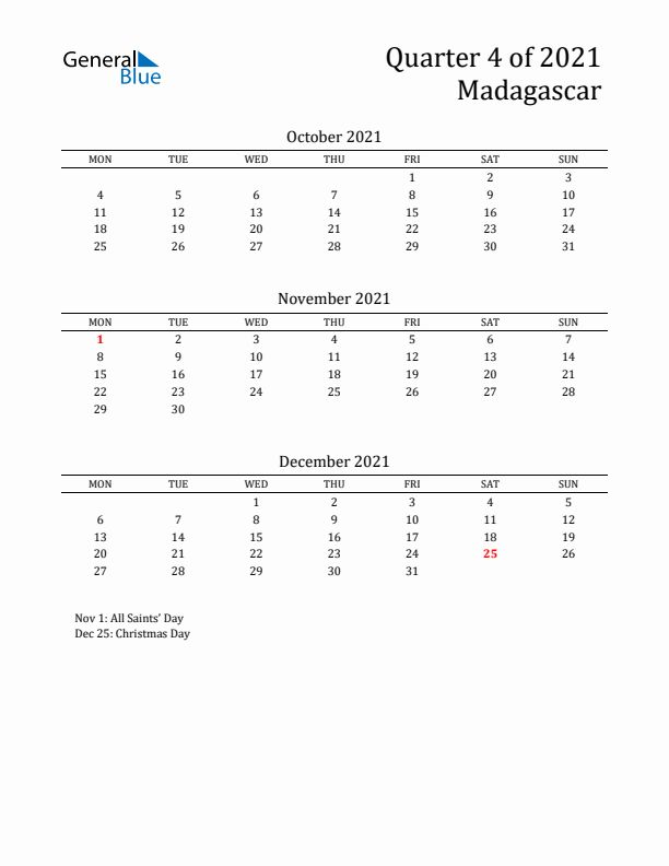 Quarter 4 2021 Madagascar Quarterly Calendar