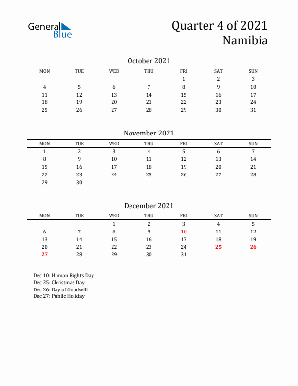 Quarter 4 2021 Namibia Quarterly Calendar