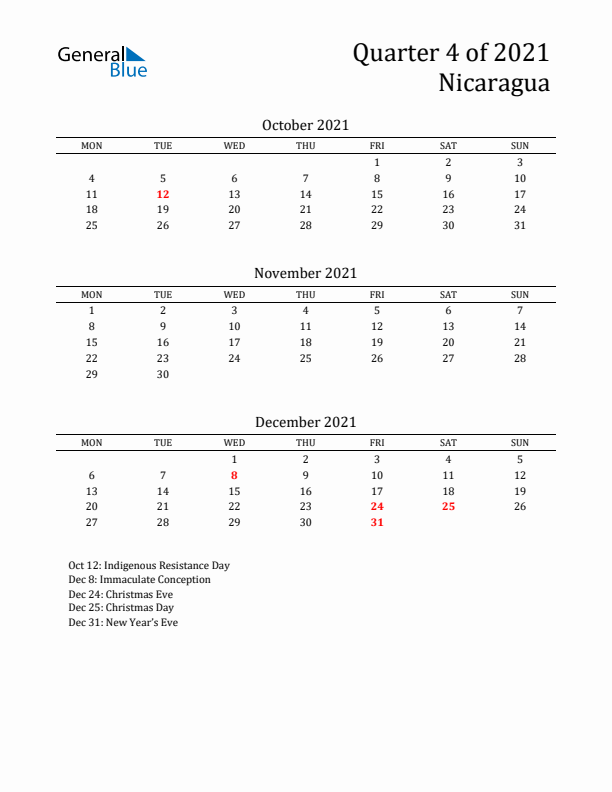 Quarter 4 2021 Nicaragua Quarterly Calendar