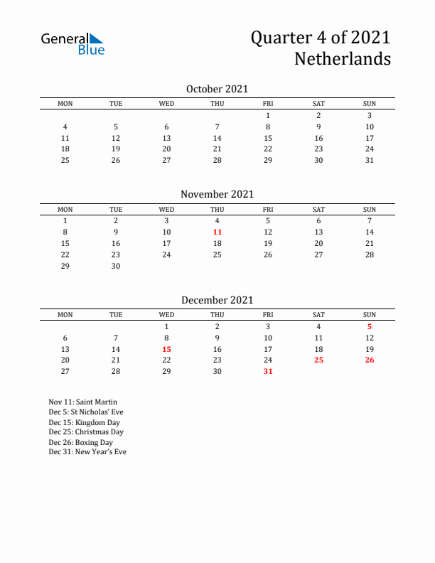 Quarter 4 2021 The Netherlands Quarterly Calendar