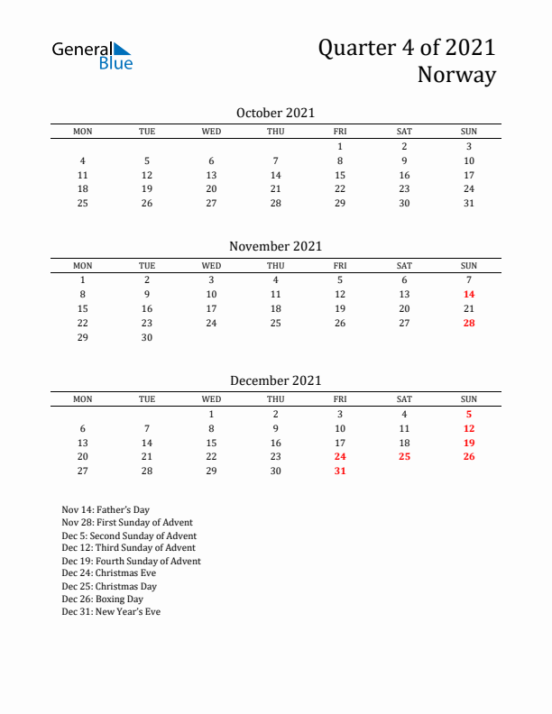 Quarter 4 2021 Norway Quarterly Calendar