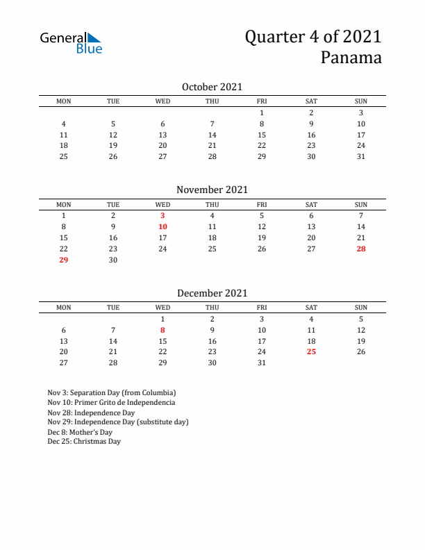 Quarter 4 2021 Panama Quarterly Calendar