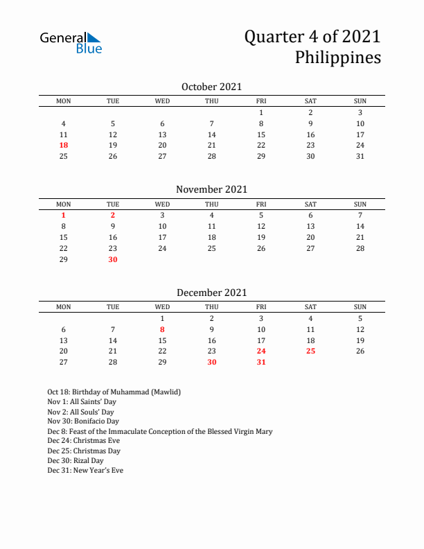 Quarter 4 2021 Philippines Quarterly Calendar