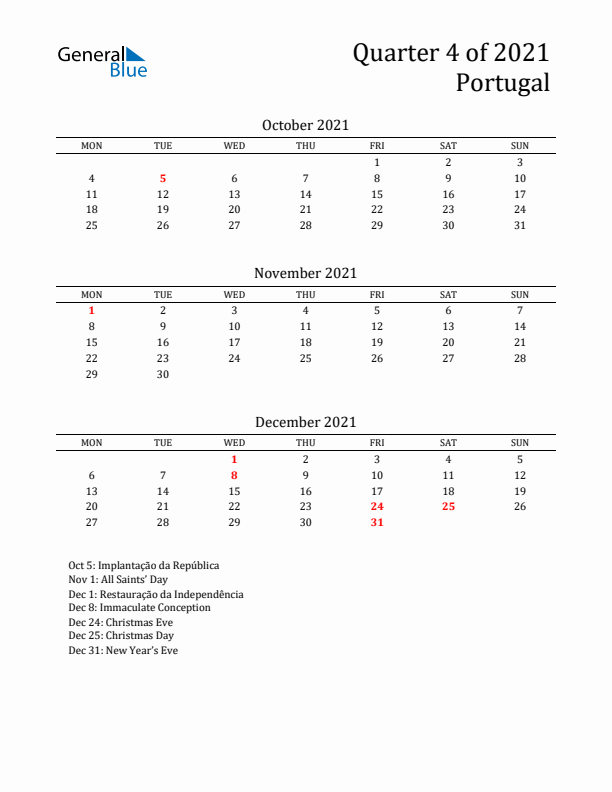 Quarter 4 2021 Portugal Quarterly Calendar