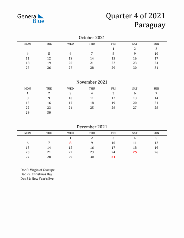 Quarter 4 2021 Paraguay Quarterly Calendar