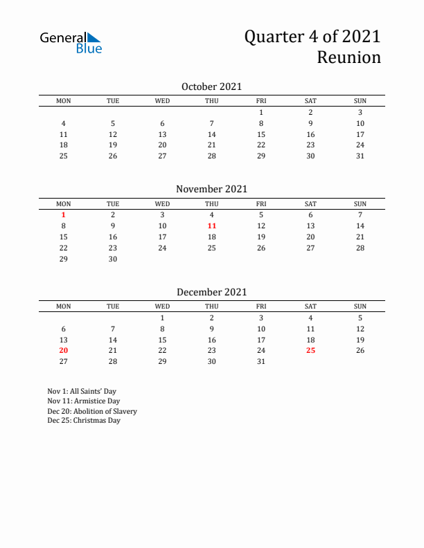 Quarter 4 2021 Reunion Quarterly Calendar