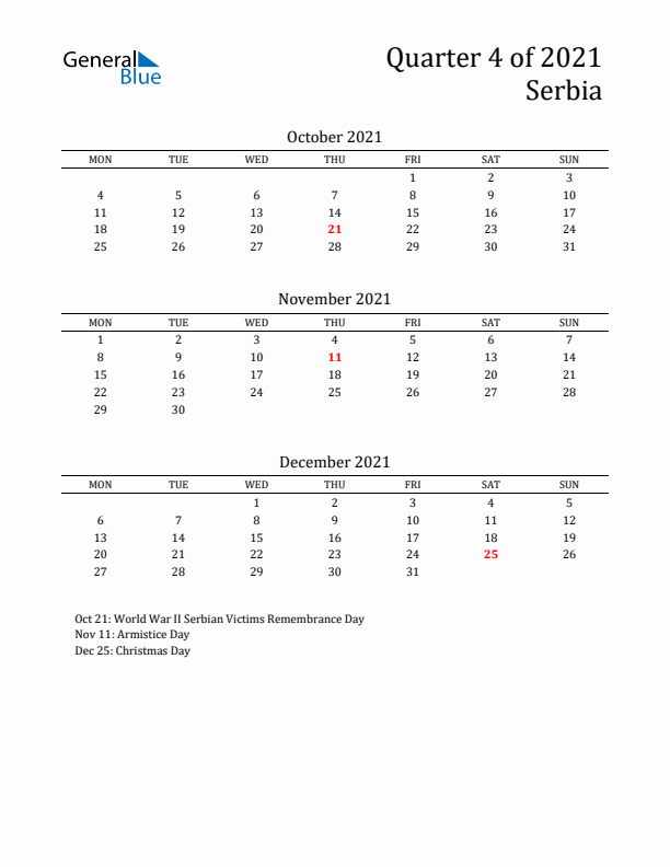 Quarter 4 2021 Serbia Quarterly Calendar